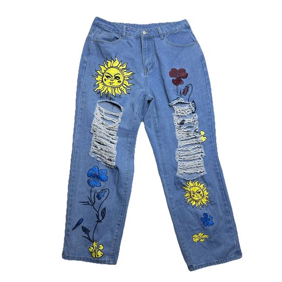 SHEIN 0XL Distressed Patch Jeans Sun Flower Graphic Denim Pants Boho Y2K Style - Picture 1 of 11